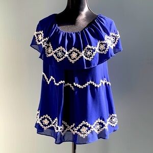 MISS Me MM Couture Flouncy Ric Rac Trim Off Shoulder Royal Blue Fiesta Blouse